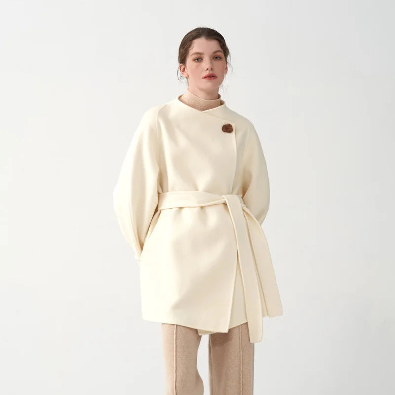 Manteau d'hiver classique en cachemire pour femme, doux et confortable, en laine double face, col rond, coupe ample