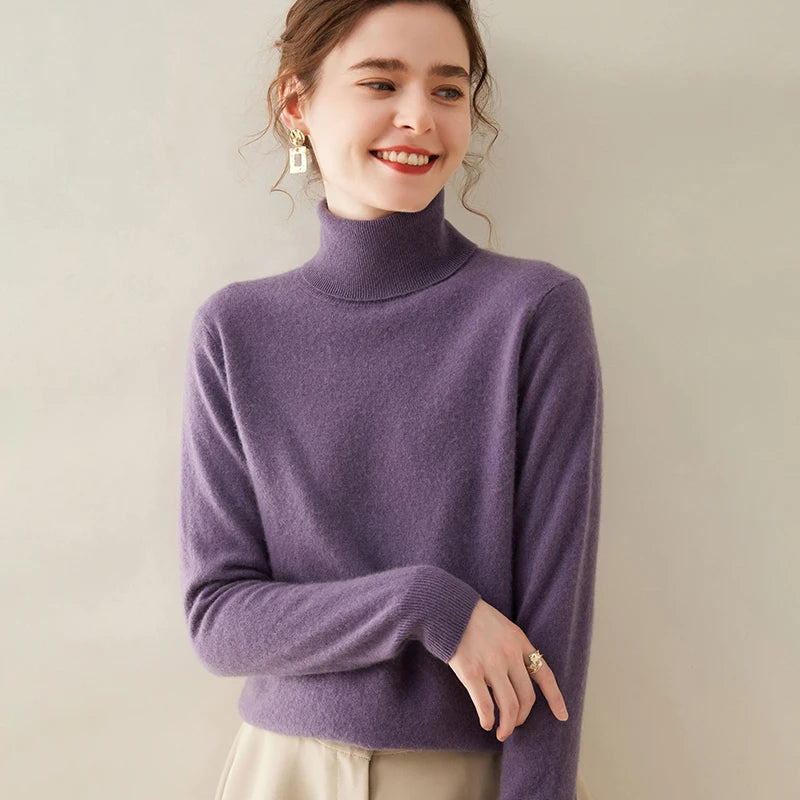 Pull en cachemire pour femme, col roulé, manches longues, 100 % pur cachemire, style coréen.