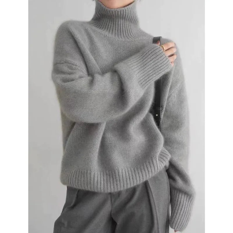 Pull en cachemire épais automne-hiver pour femme, col montant, ample et chaud, style veste/top