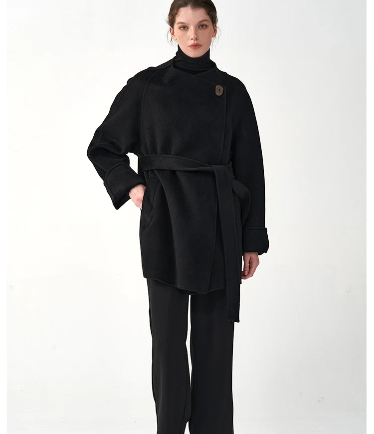 Manteau d'hiver classique en cachemire pour femme, doux et confortable, en laine double face, col rond, coupe ample