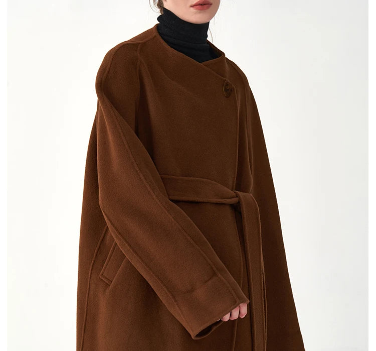 Manteau d'hiver classique en cachemire pour femme, doux et confortable, en laine double face, col rond, coupe ample