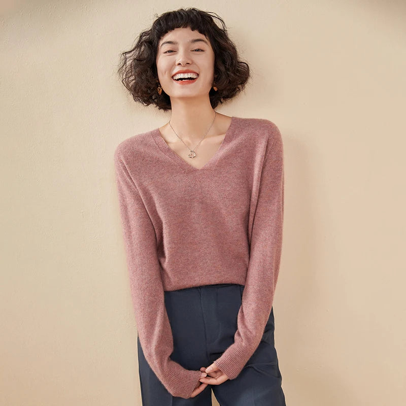 Pull en cachemire pur 100 % pour femme, col V, coupe ample et décontractée, en maille, idéal pour l'automne/hiver. Chemisier basique et polyvalent.