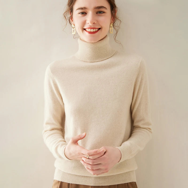 Pull en cachemire pour femme, col roulé, manches longues, 100 % pur cachemire, style coréen.