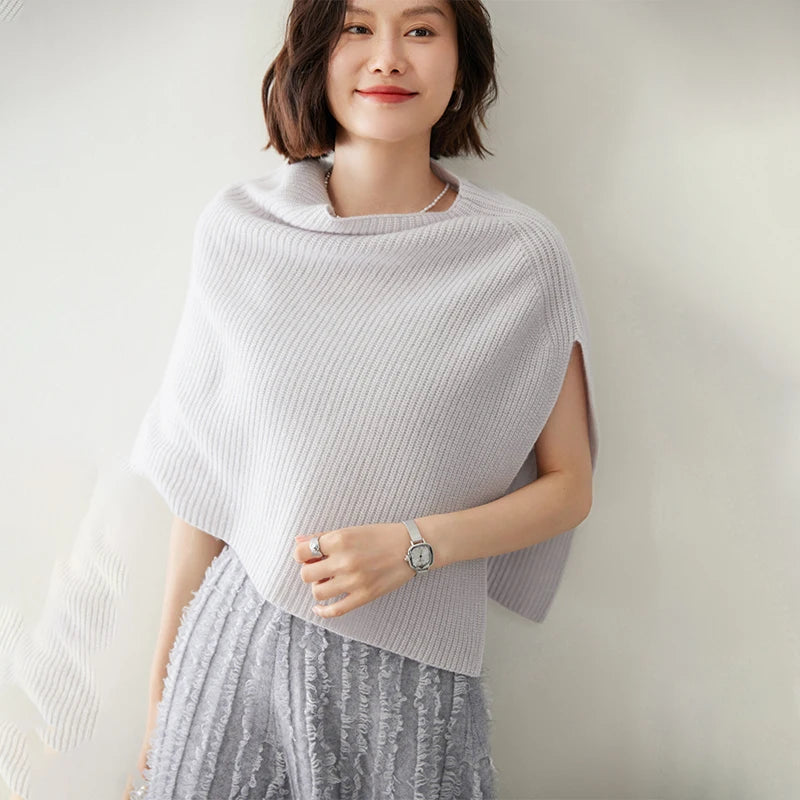 Poncho court 100 % cachemire, col rond, châle, écharpe, cape, accessoire tricoté à côtes épaisses, doux, écharpe, cache-cou
