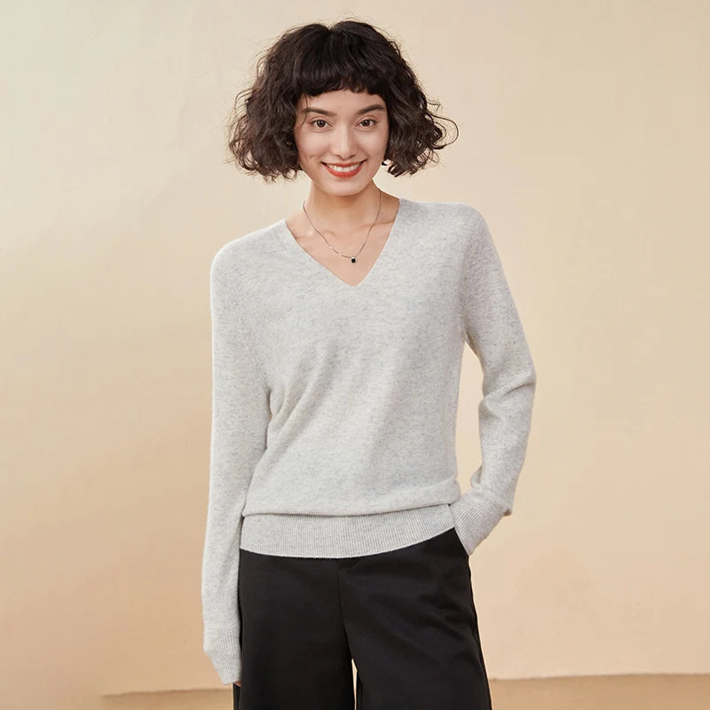 Pull en cachemire pur 100 % pour femme, col V, coupe ample et décontractée, en maille, idéal pour l'automne/hiver. Chemisier basique et polyvalent.