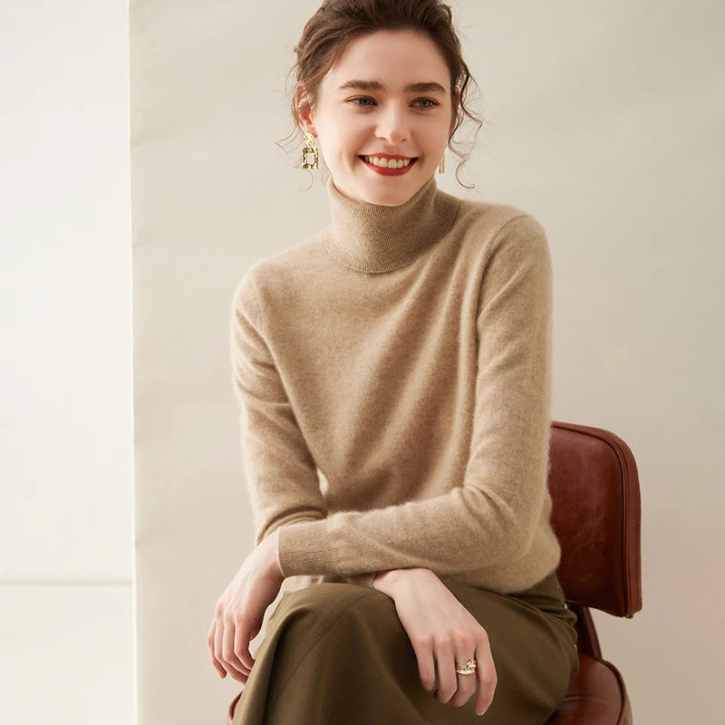 Pull en cachemire pour femme, col roulé, manches longues, 100 % pur cachemire, style coréen.
