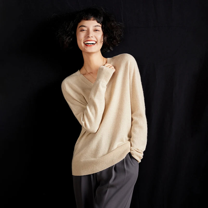 Pull en cachemire pur 100 % pour femme, col V, coupe ample et décontractée, en maille, idéal pour l'automne/hiver. Chemisier basique et polyvalent.