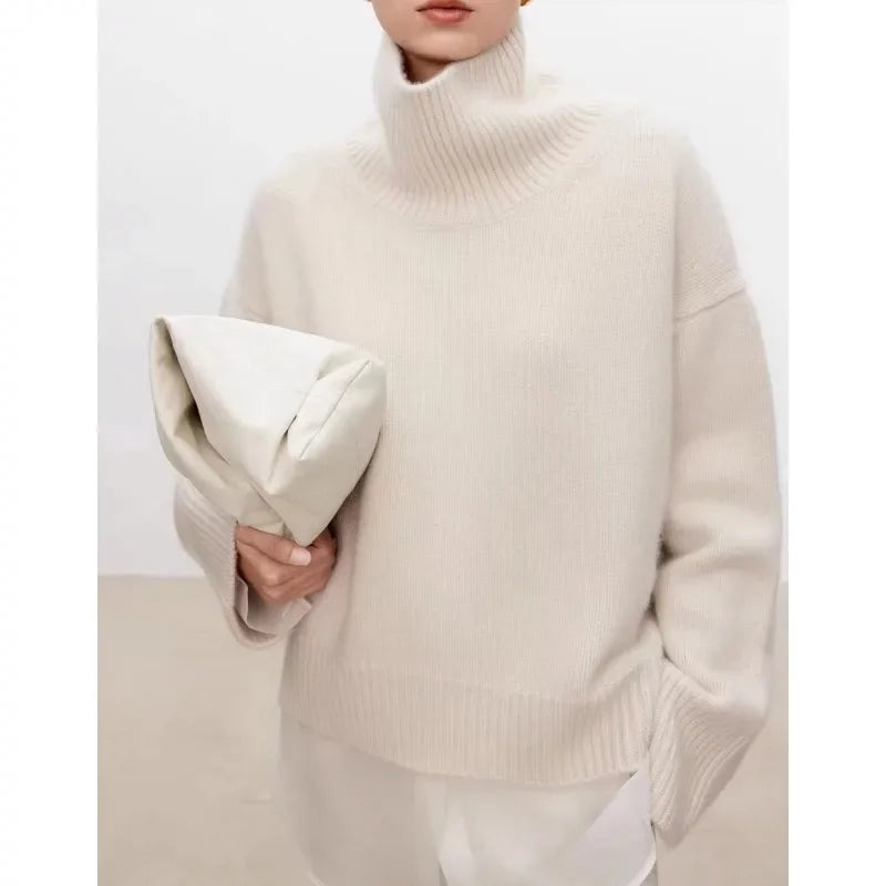 Pull à col roulé haut de gamme en cachemire doux et ciré, 100 % cachemire, ample et épais, sur une base en laine