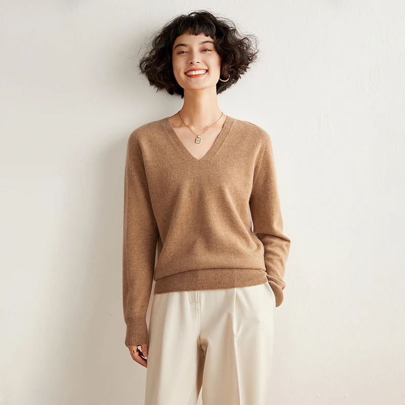 Pull en cachemire pur 100 % pour femme, col V, coupe ample et décontractée, en maille, idéal pour l'automne/hiver. Chemisier basique et polyvalent.