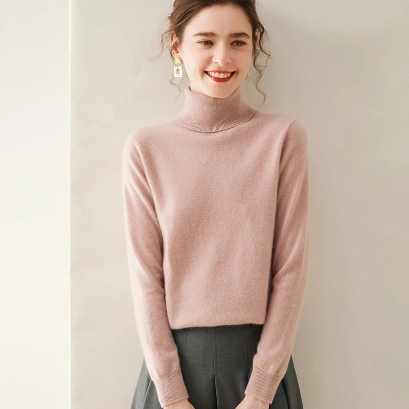 Pull en cachemire pour femme, col roulé, manches longues, 100 % pur cachemire, style coréen.