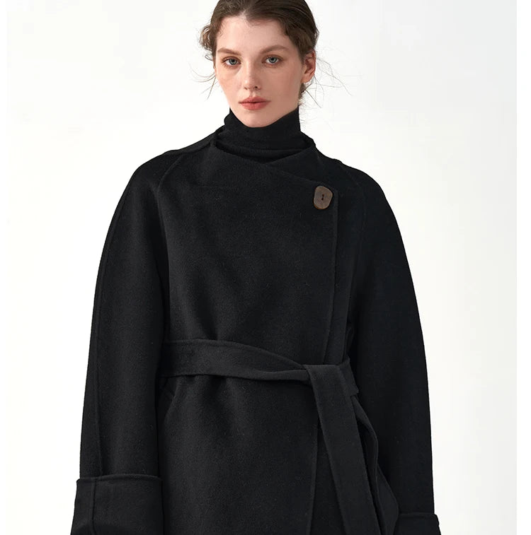 Manteau d'hiver classique en cachemire pour femme, doux et confortable, en laine double face, col rond, coupe ample