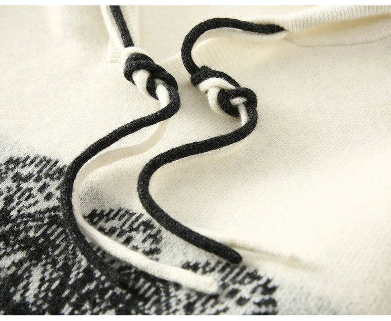 Pull en cachemire automne-hiver pour femme, à capuche, en jacquard épais et ample, doublé de laine tricotée