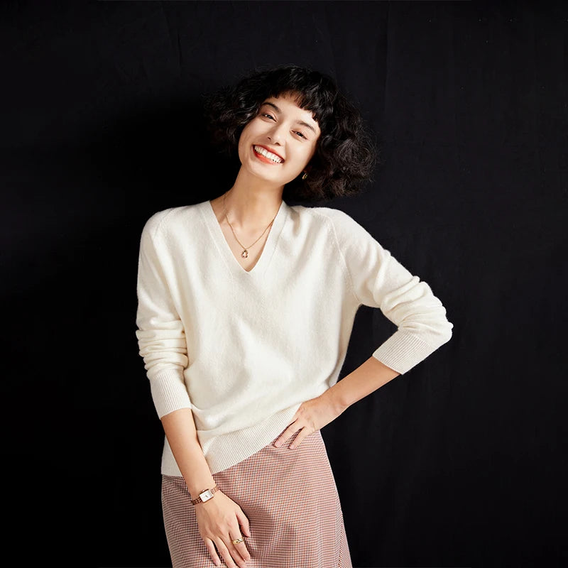 Pull en cachemire pur 100 % pour femme, col V, coupe ample et décontractée, en maille, idéal pour l'automne/hiver. Chemisier basique et polyvalent.