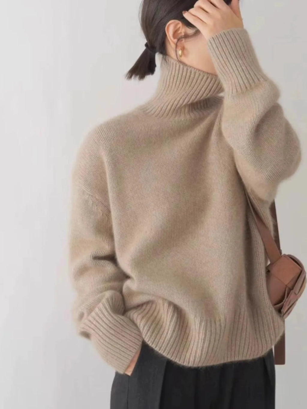 Pull en cachemire épais automne-hiver pour femme, col montant, ample et chaud, style veste/top
