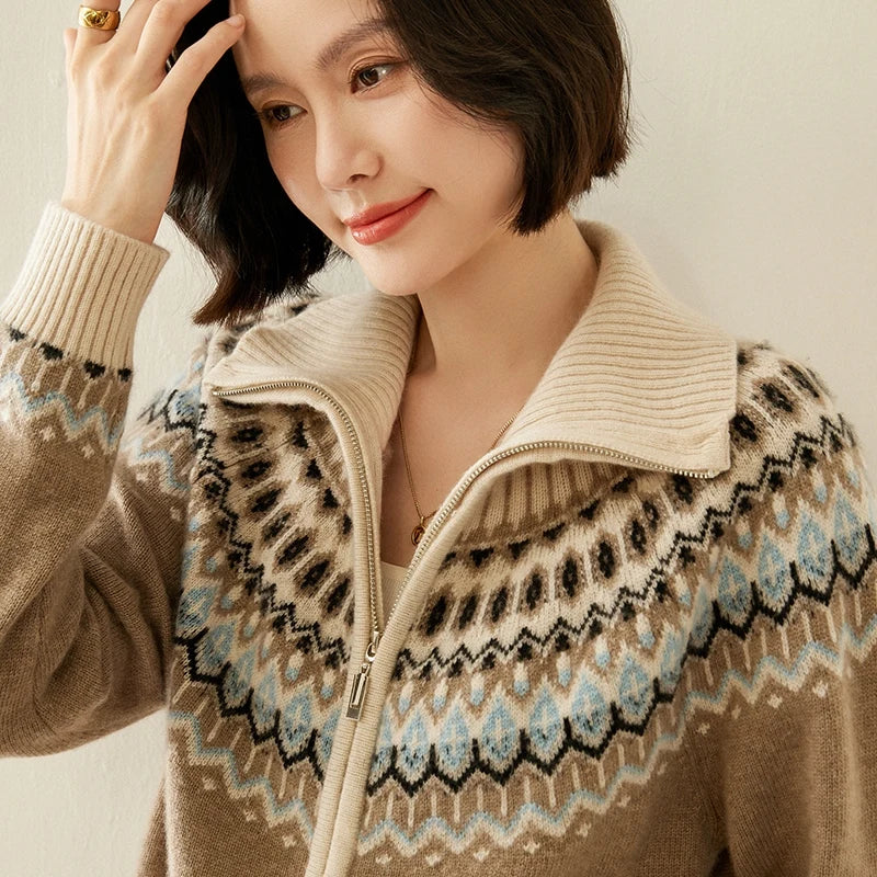 Pull en cachemire automne-hiver à col montant et fermeture éclair, cardigan en laine tricotée, pull ample de couleur contrastée