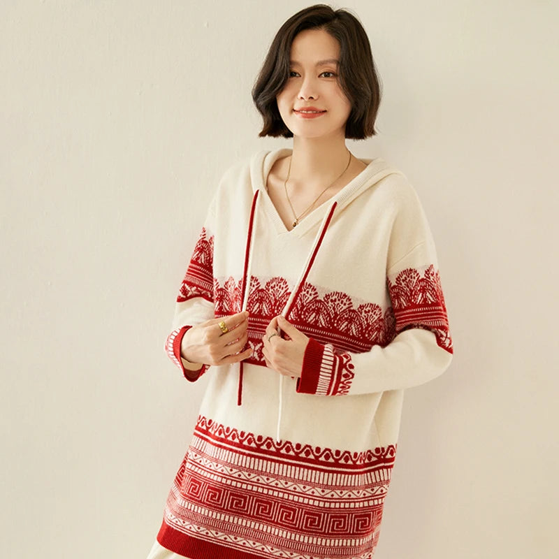 Pull en cachemire automne-hiver pour femme, à capuche, en jacquard épais et ample, doublé de laine tricotée