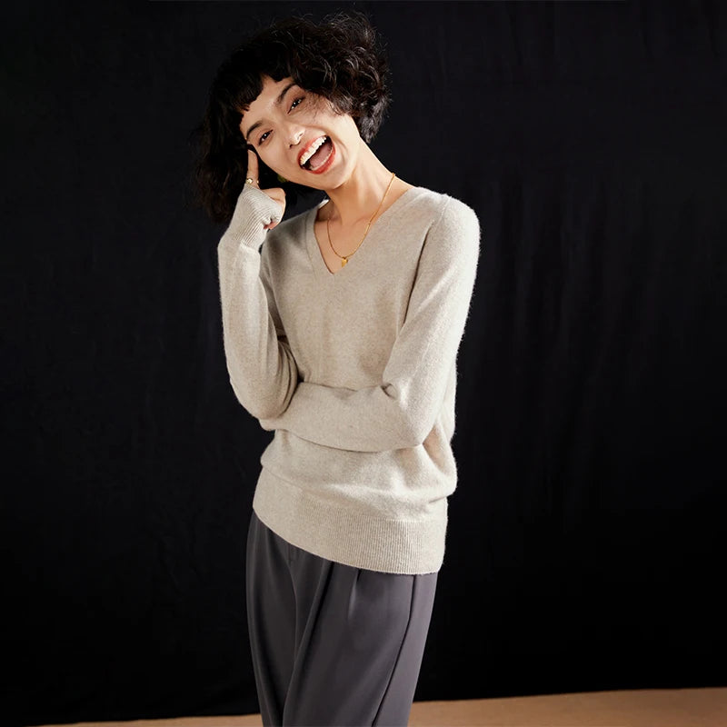 Pull en cachemire pur 100 % pour femme, col V, coupe ample et décontractée, en maille, idéal pour l'automne/hiver. Chemisier basique et polyvalent.