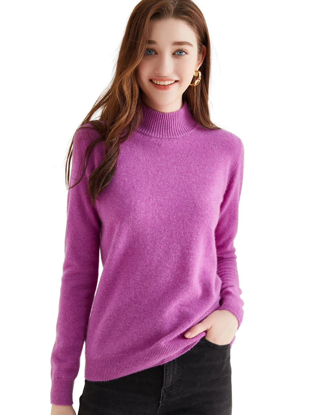 Pull col roulé 100 % cachemire pour femme, pull en maille cachemire et laine, haut tricoté, manches longues