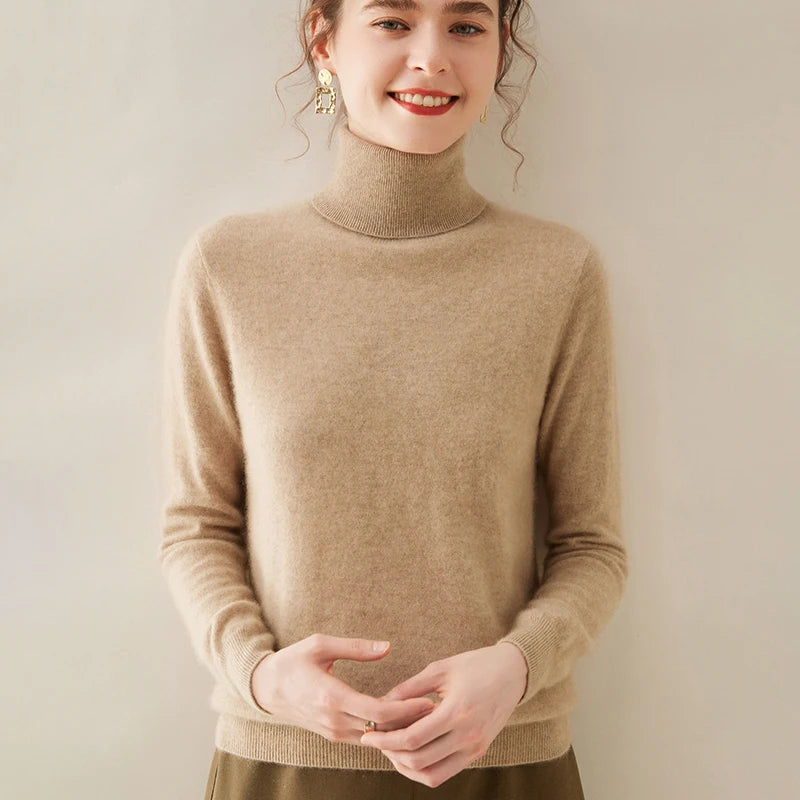 Pull en cachemire pour femme, col roulé, manches longues, 100 % pur cachemire, style coréen.