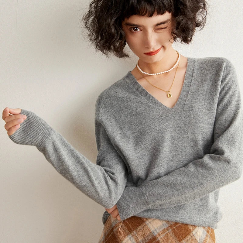 Pull en cachemire pur 100 % pour femme, col V, coupe ample et décontractée, en maille, idéal pour l'automne/hiver. Chemisier basique et polyvalent.