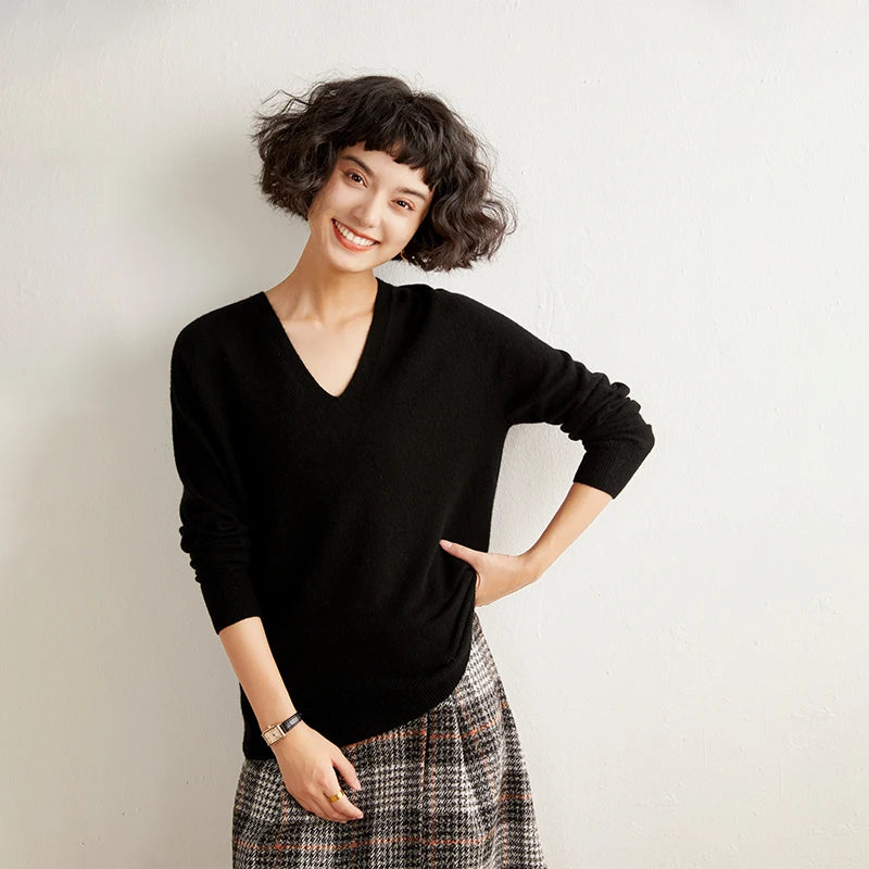 Pull en cachemire pur 100 % pour femme, col V, coupe ample et décontractée, en maille, idéal pour l'automne/hiver. Chemisier basique et polyvalent.
