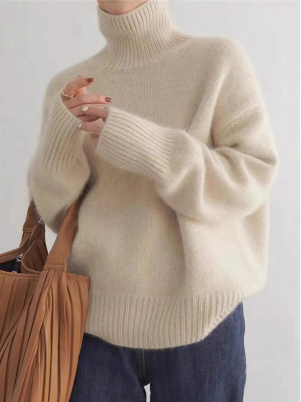 Pull en cachemire épais automne-hiver pour femme, col montant, ample et chaud, style veste/top