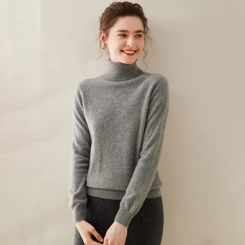 Pull en cachemire pour femme, col roulé, manches longues, 100 % pur cachemire, style coréen.