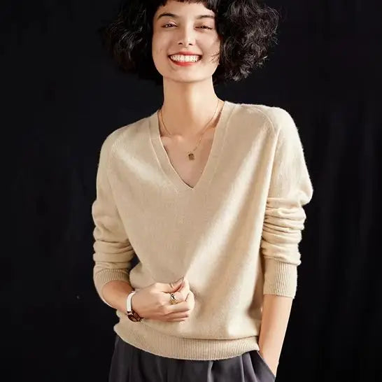 Pull en cachemire pur 100 % pour femme, col V, coupe ample et décontractée, en maille, idéal pour l'automne/hiver. Chemisier basique et polyvalent.