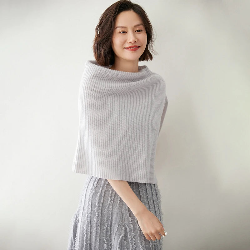 Poncho court 100 % cachemire, col rond, châle, écharpe, cape, accessoire tricoté à côtes épaisses, doux, écharpe, cache-cou