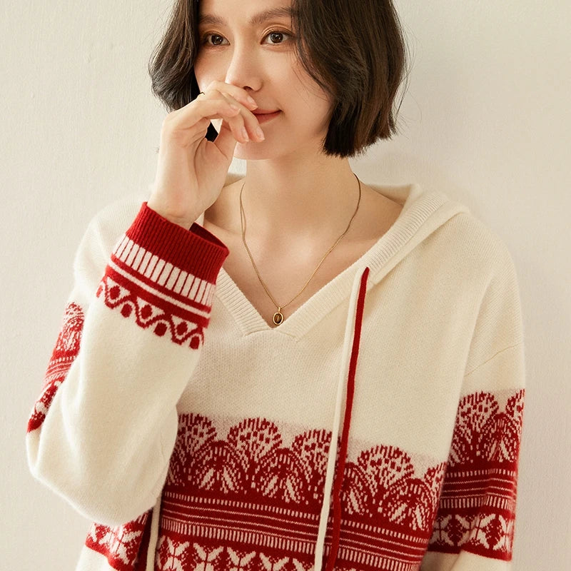 Pull en cachemire automne-hiver pour femme, à capuche, en jacquard épais et ample, doublé de laine tricotée