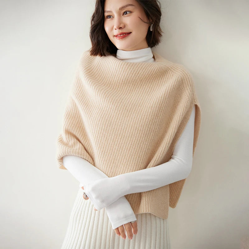 Poncho court 100 % cachemire, col rond, châle, écharpe, cape, accessoire tricoté à côtes épaisses, doux, écharpe, cache-cou
