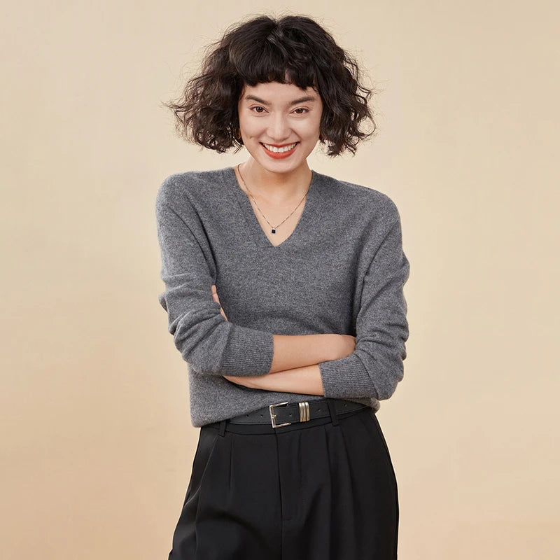 Pull en cachemire pur 100 % pour femme, col V, coupe ample et décontractée, en maille, idéal pour l'automne/hiver. Chemisier basique et polyvalent.