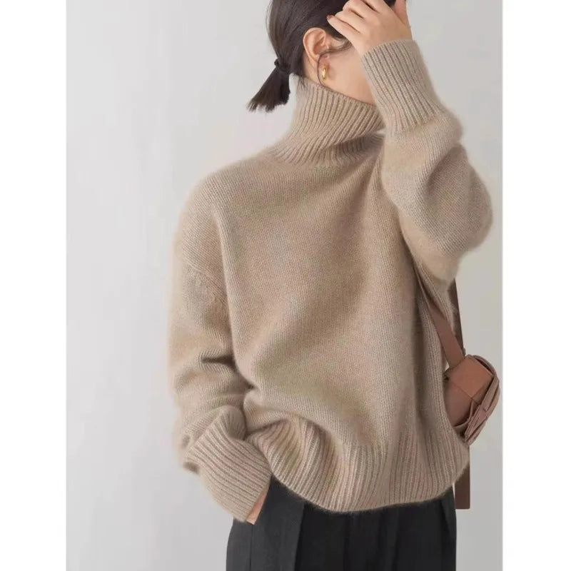 Pull en cachemire épais automne-hiver pour femme, col montant, ample et chaud, style veste/top