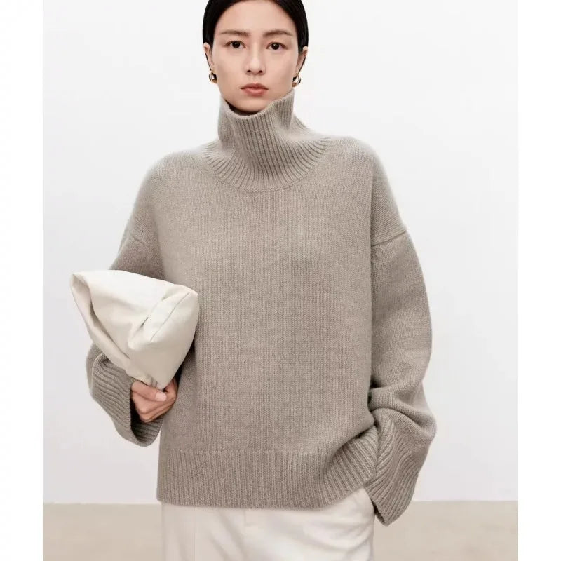 Pull à col roulé haut de gamme en cachemire doux et ciré, 100 % cachemire, ample et épais, sur une base en laine