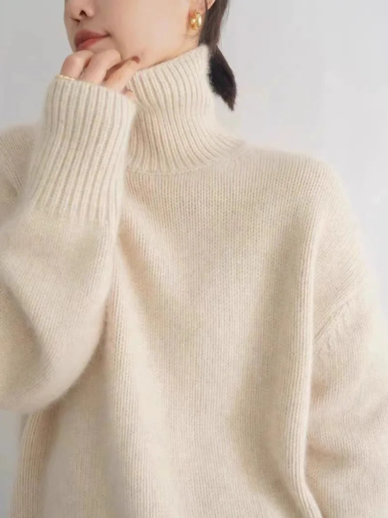 Pull en cachemire épais automne-hiver pour femme, col montant, ample et chaud, style veste/top