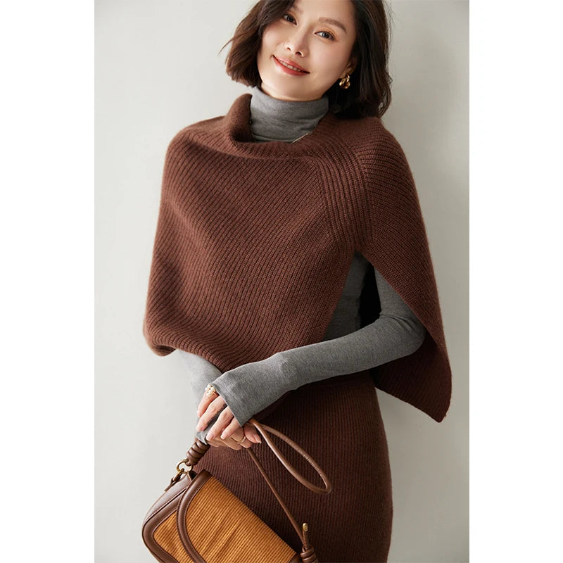 Poncho court 100 % cachemire, col rond, châle, écharpe, cape, accessoire tricoté à côtes épaisses, doux, écharpe, cache-cou