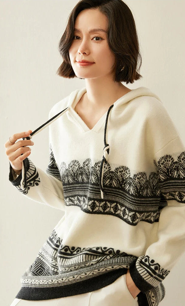 Pull en cachemire automne-hiver pour femme, à capuche, en jacquard épais et ample, doublé de laine tricotée