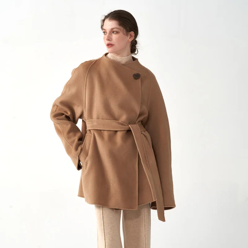 Manteau d'hiver classique en cachemire pour femme, doux et confortable, en laine double face, col rond, coupe ample