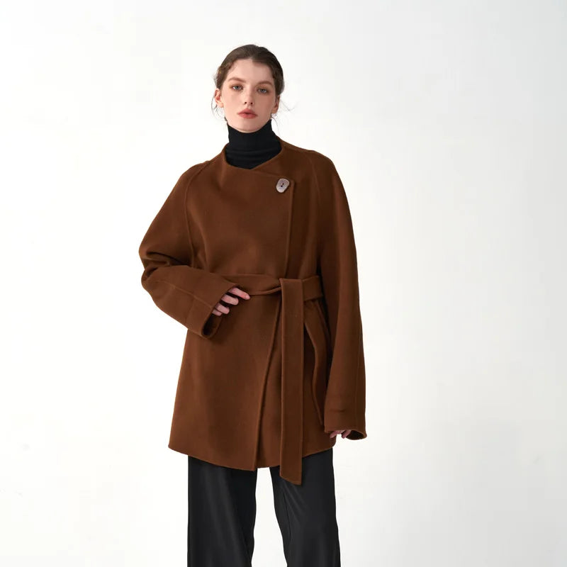 Manteau d'hiver classique en cachemire pour femme, doux et confortable, en laine double face, col rond, coupe ample