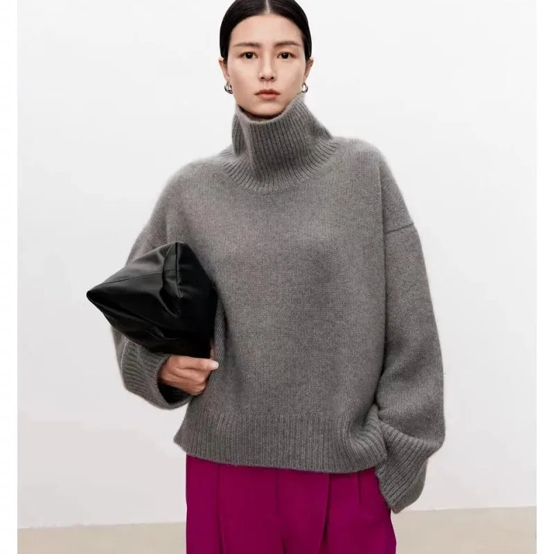 Pull à col roulé haut de gamme en cachemire doux et ciré, 100 % cachemire, ample et épais, sur une base en laine