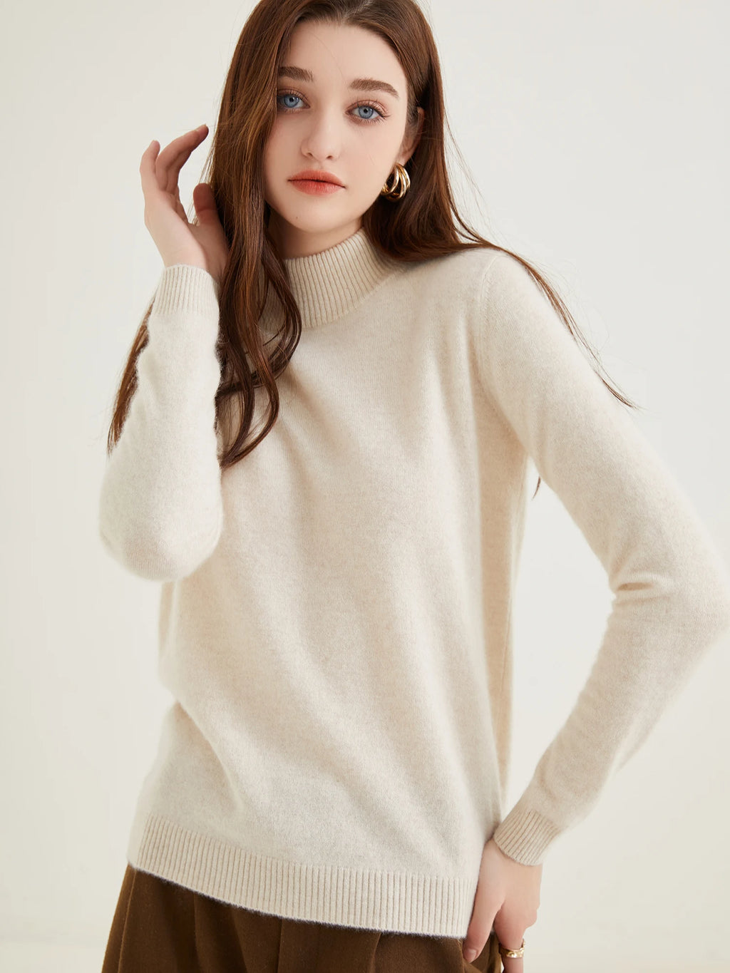 Pull col roulé 100 % cachemire pour femme, pull en maille cachemire et laine, haut tricoté, manches longues