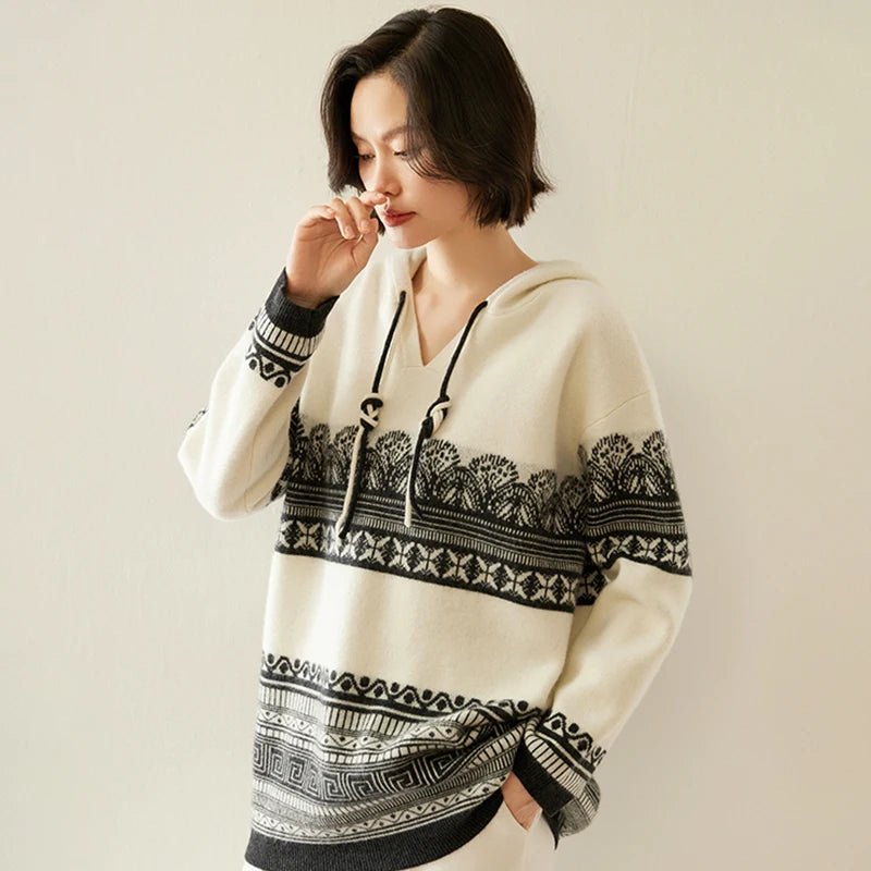 Pull en cachemire automne-hiver pour femme, à capuche, en jacquard épais et ample, doublé de laine tricotée