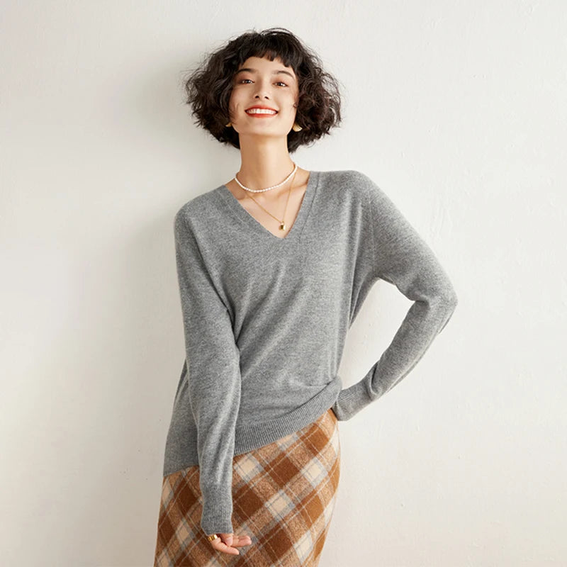 Pull en cachemire pur 100 % pour femme, col V, coupe ample et décontractée, en maille, idéal pour l'automne/hiver. Chemisier basique et polyvalent.