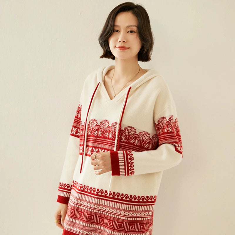 Pull en cachemire automne-hiver pour femme, à capuche, en jacquard épais et ample, doublé de laine tricotée