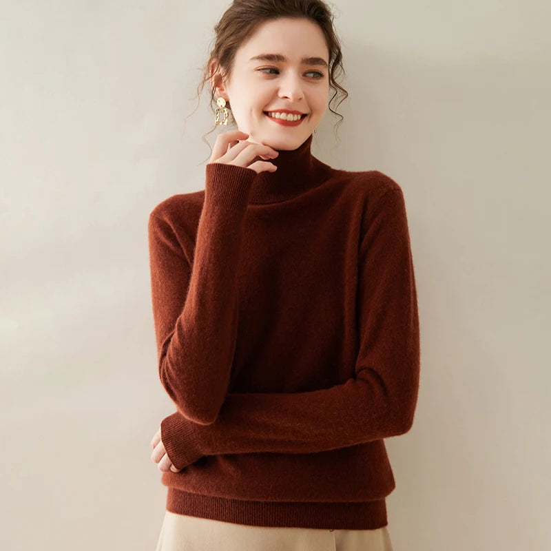Pull en cachemire pour femme, col roulé, manches longues, 100 % pur cachemire, style coréen.