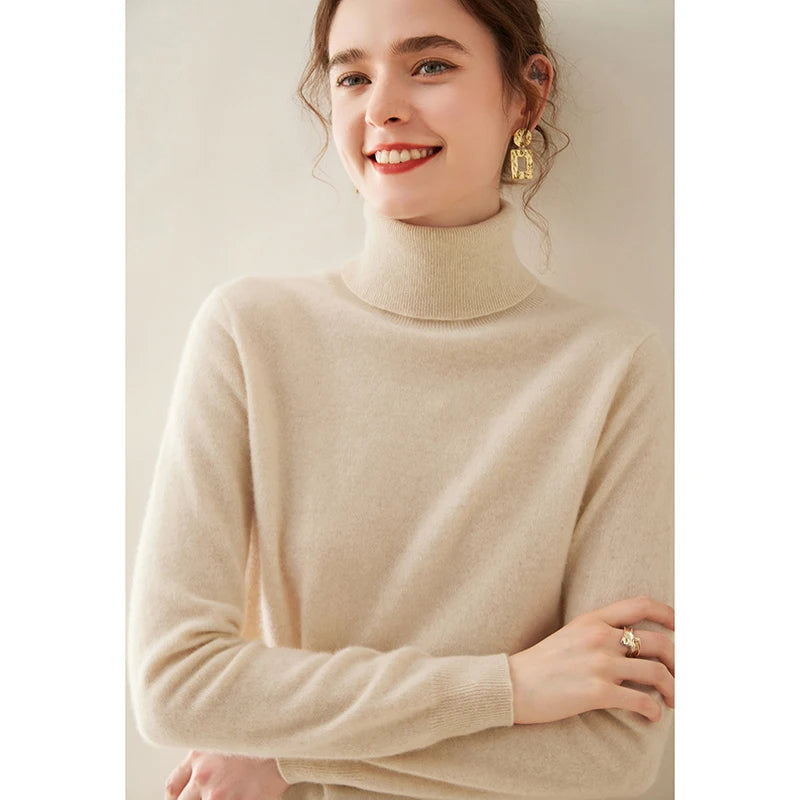 Pull en cachemire pour femme, col roulé, manches longues, 100 % pur cachemire, style coréen.