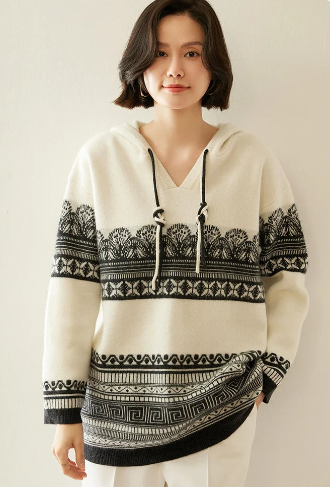 Pull en cachemire automne-hiver pour femme, à capuche, en jacquard épais et ample, doublé de laine tricotée