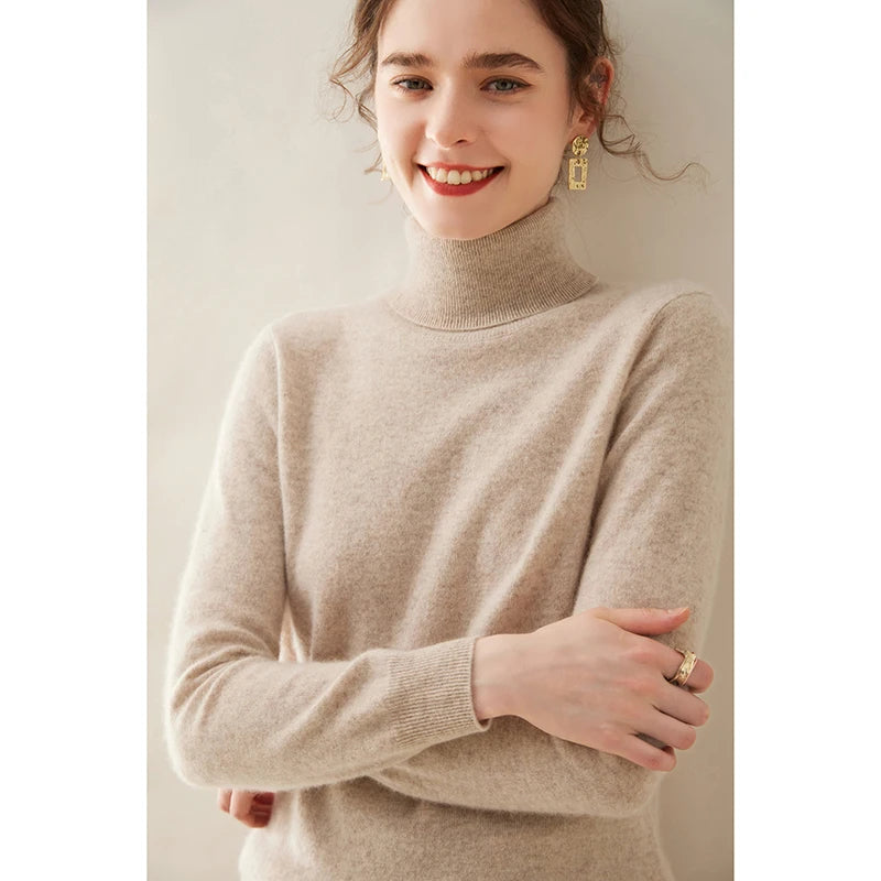 Pull en cachemire pour femme, col roulé, manches longues, 100 % pur cachemire, style coréen.