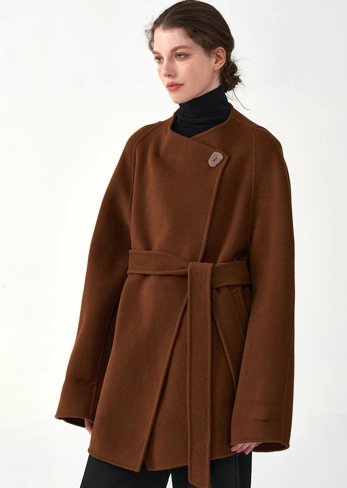 Manteau d'hiver classique en cachemire pour femme, doux et confortable, en laine double face, col rond, coupe ample