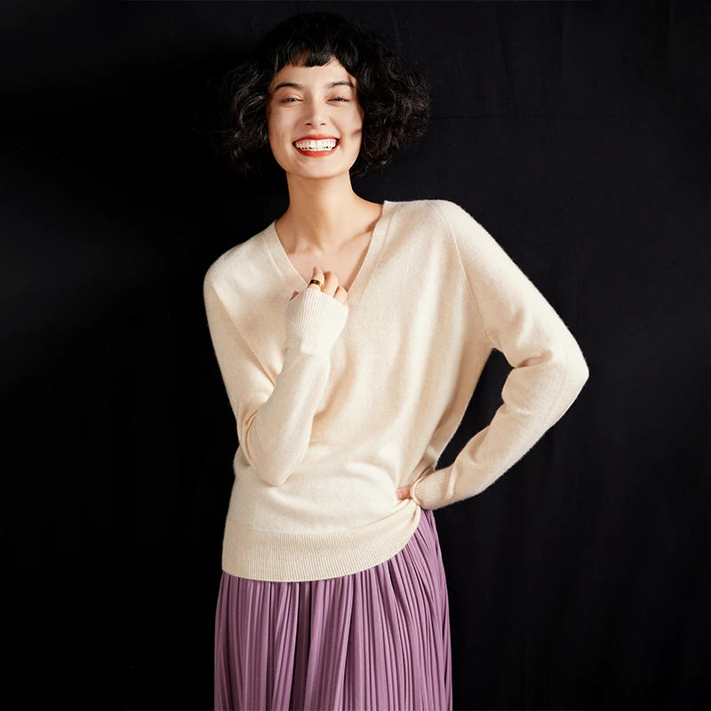 Pull en cachemire pur 100 % pour femme, col V, coupe ample et décontractée, en maille, idéal pour l'automne/hiver. Chemisier basique et polyvalent.
